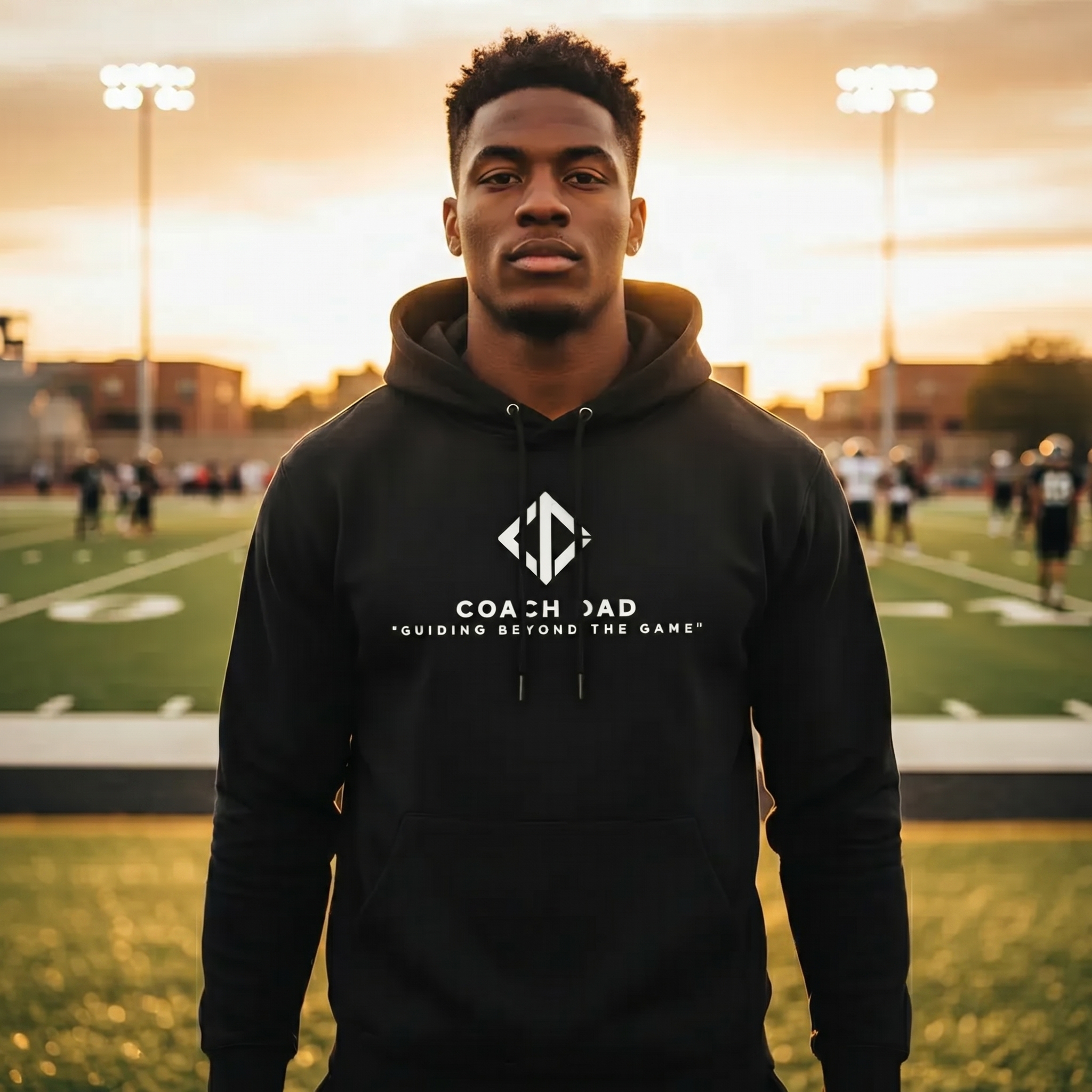 A coach dad in a black Coach Dad hoodie standing on the football field at golden hour.