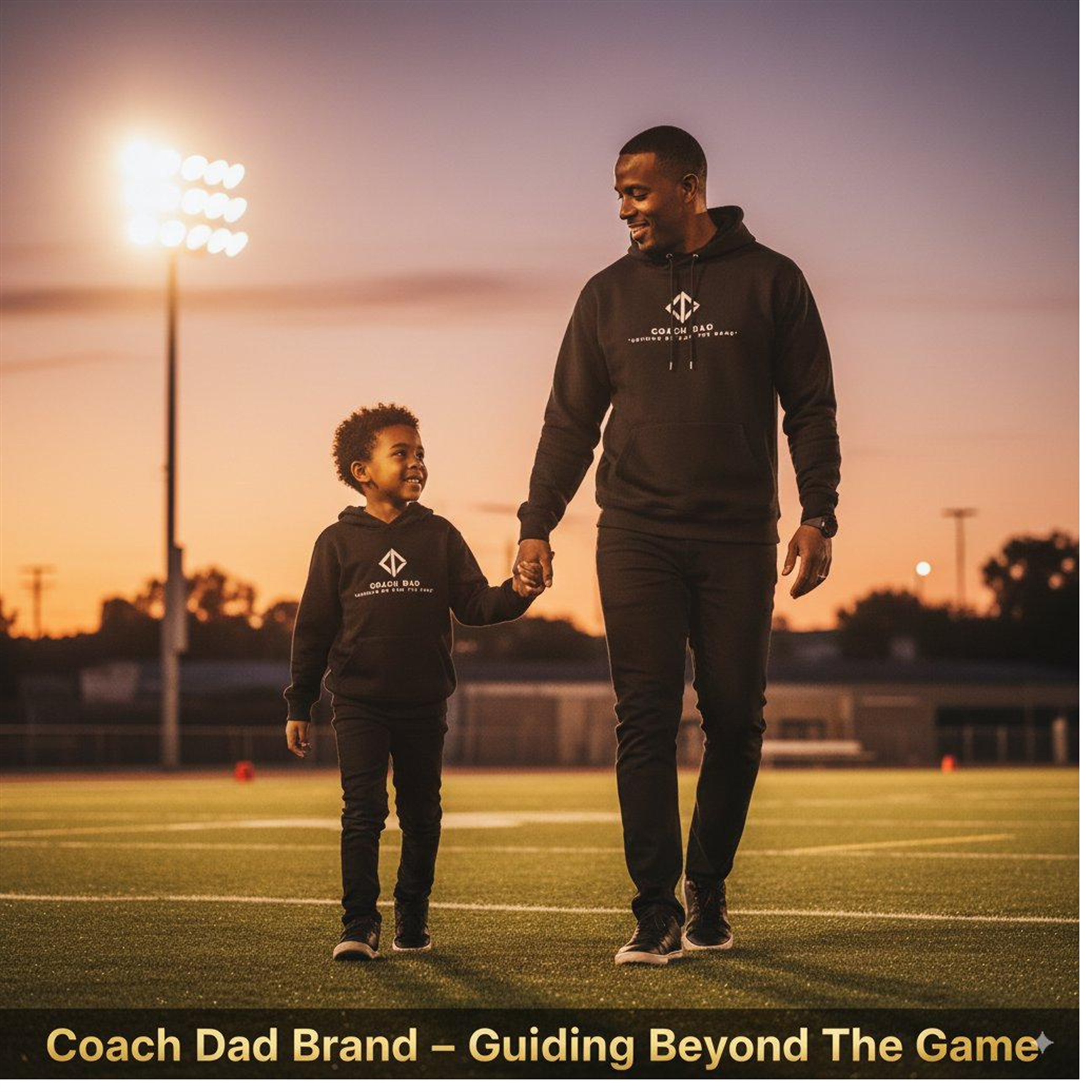 A coach dad walking his son across a football field at golden hour, both wearing Coach Dad apparel.