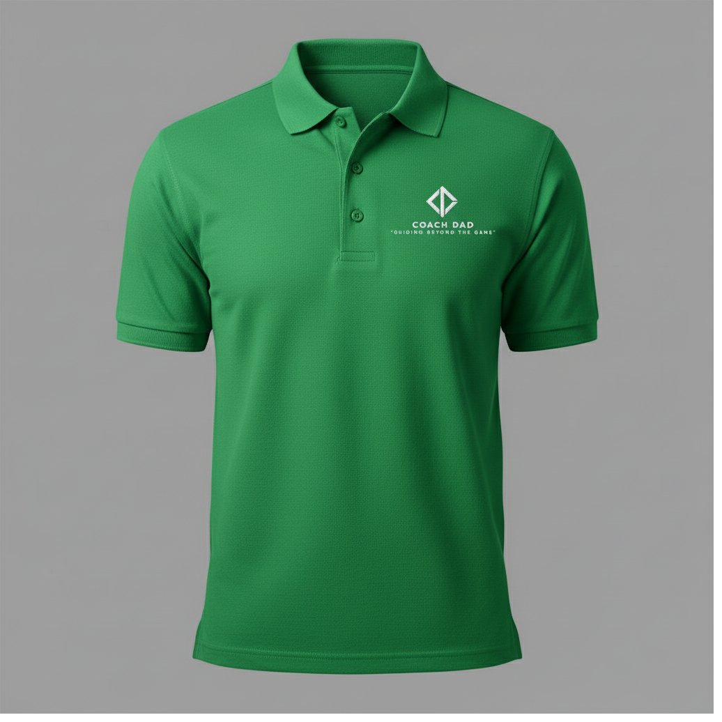 Leadership Polo in field green moisture-wicking fabric with subtle Coach Dad logo at chest.